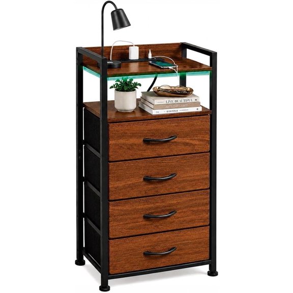 Buro para Recámara con Estación De Carga Mesa De Noche para RecámaraMesita De Noche Retro Muebles para Recamara Mesa Auxiliar Buro para Dormitorio y Sálon (Cafe)