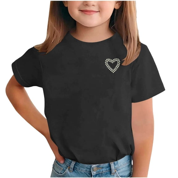 Camisetas de Cuello Redondo para Niñas - Camisetas de Manga Corta con Corazón de Pedrería, Blusas Ligeras Casuales de Verano Negras 10 Años