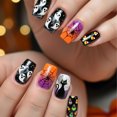 thumbnail image 1 of Halloween Uñas Postizas Cuadradas Medianas, Estampado de Gato Fantasma con Telaraña en Degradado Negro, Juego de False Nails Removible y Reutilizable para Mujer Fiesta, Cosplay y Uso Diario, 1 of 9