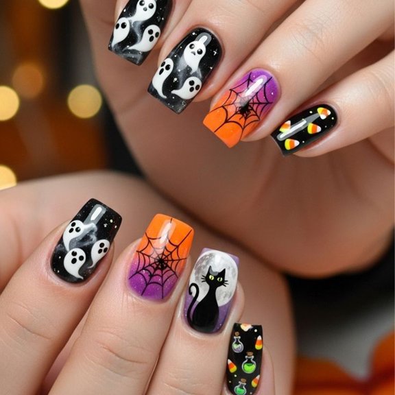 Halloween Uñas Postizas Cuadradas Medianas, Estampado de Gato Fantasma con Telaraña en Degradado Negro, Juego de False Nails Removible y Reutilizable para Mujer Fiesta, Cosplay y Uso Diario