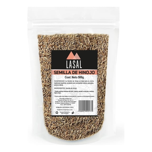 semilla de hinojo 500 gramos pouch resellable lasal Bolsa frontal centrada con semillas de hinojo visibles en empaque pouch resellable transparente; etiqueta negra y coral con logo Lasal y texto 'Semilla de Hinojo Cont. Neto 500g', adecuada como condimento o para infusiones en la cocina.