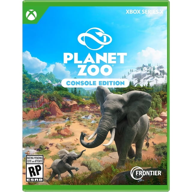 planet zoo: console - xbox series x edición en español caja del juego con un elefante adulto y una cría en primer plano sobre hábitats variados y paisaje montañoso al fondo, logotipos de Xbox Series X y Frontier y rótulo "Console Edition" centrado; simulador de zoológico para consola representado visualmente.