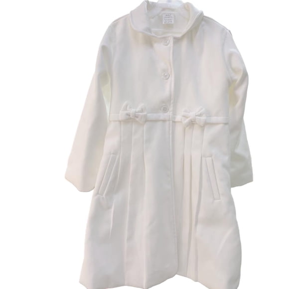 abrigo de niña, Maga boutique,talla6, color blanco, una pieza, con boina, forro completo, detalle de moños,