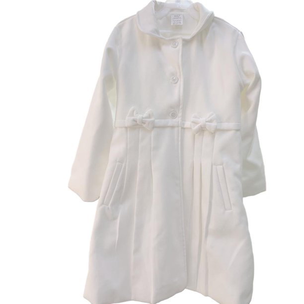 abrigo de niña, Maga boutique,talla6, color blanco, una pieza, con boina, forro completo, detalle de moños,