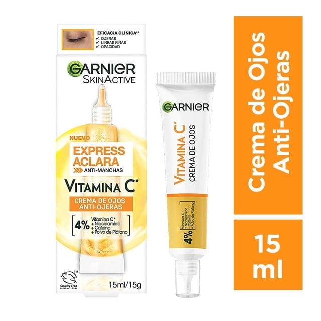crema para ojos garnier skin active express aclara vitamina c antiojeras 15 ml, vista frontal de caja y tubo alineados; caja blanca con diseño amarillo que resalta 'Vitamina C' y 'Express Aclara', tubo blanco con boquilla transparente y leyenda '4% activos' visible, descripción visual adecuada para contorno de ojos y niacinamida.