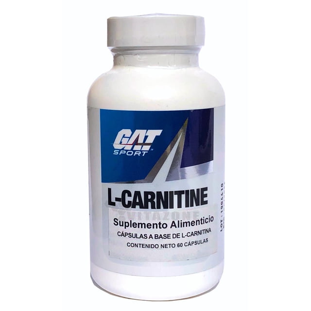 carnitina 60 cápsulas 500 mg gat gat gatcarnitina Envase blanco frontal de GAT Sport con etiqueta azul y plateada; texto L-CARNITINE, 'Suplemento Alimenticio' y 'Contenido neto 60 cápsulas', apto como apoyo en regímenes de entrenamiento o pre-entrenamiento.