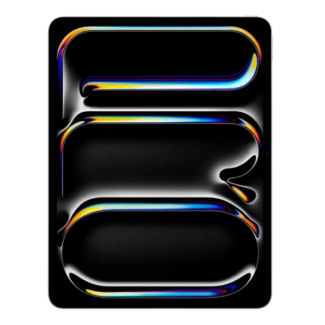apple ipad pro (m5) de 13 pulgadas con wi-fi y cristal estándar de 256 gb - plata vista frontal centrada de iPad Pro 13" con pantalla OLED Ultra Retina XDR mostrando fondo abstracto oscuro; marco de aluminio plateado de bordes redondeados y perfil ultrafino visible, resolución 2752 x 2064. A menudo se usa con Apple Pencil para bocetos y toma de notas.