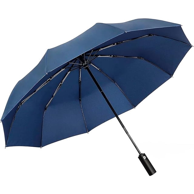 paraguas de bolsillo bluelander azul fibra de vidrio plegable desplegado en vista frontal 3/4, armazón de fibra de vidrio con 10 varillas negras y mástil delgado, cubierta lisa azul y mango cilíndrico con botón; protección contra lluvia y sol, resistente al viento, compacto para bolsa.