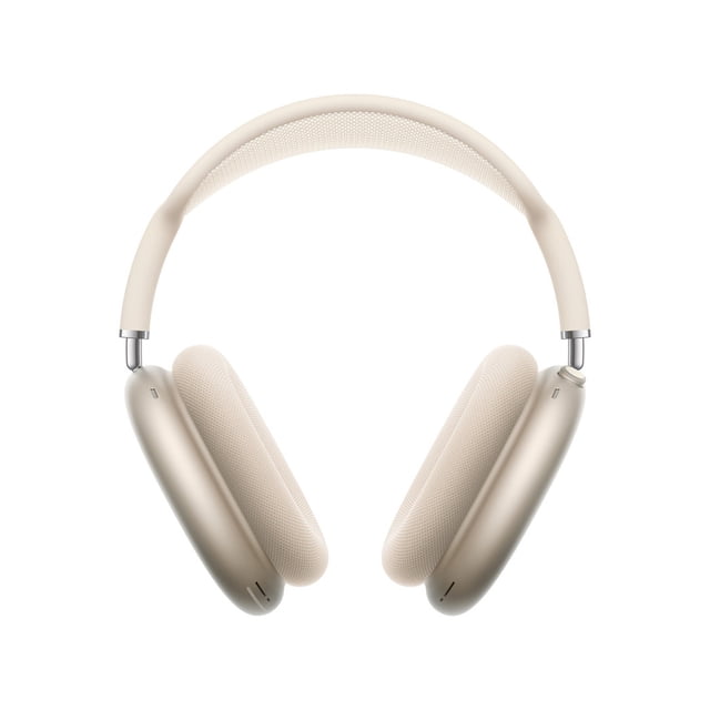 airpods max 2 apple blanco estelar audífonos inalámbricos de diadema, vista frontal centrada con copas ovaladas y banda superior acolchada en malla, acabado metalizado blanco estelar, almohadillas acolchadas, conector USB-C visible en la copa inferior y controles discretos; también suelen usarse como referencia de mezcla personal en viajes por su aislamiento sonoro.