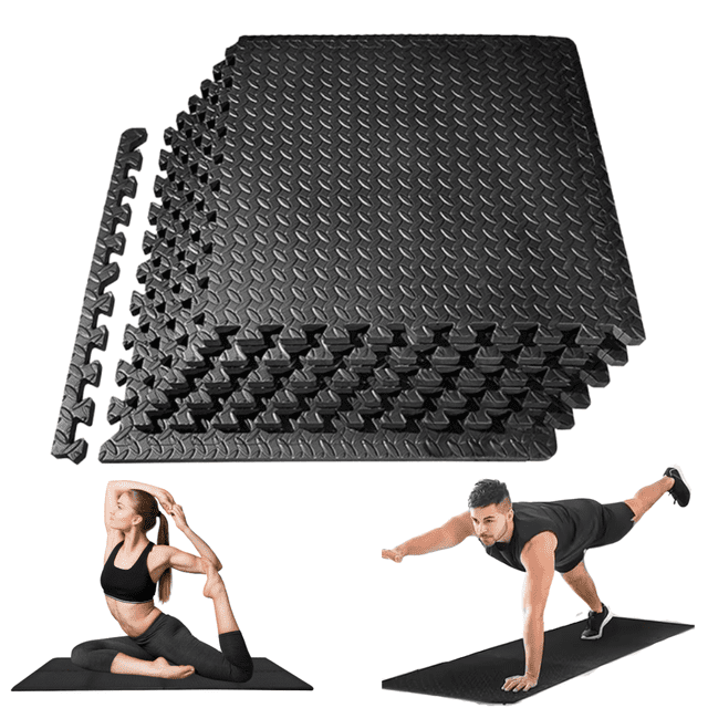 tapete para gym negro set 40 antiderrapante losas rompecabezas 60 x 60 cm en EVA Foam; vista frontal apilada que muestra textura tipo diamante y bordes de ensamblaje, con escenas de uso para yoga y entrenamiento funcional, adecuado para gimnasio en casa.