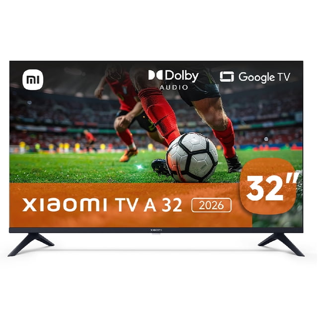 smart tv xiaomi tv a 32" hd google tv Multicolor vista frontal de la pantalla de 32" (HD 1366×768) con soporte de pie, mostrando escena de partido de fútbol y logos Dolby Audio y Google TV en el bisel superior; la imagen incluye referencias a HDR10/HLG, Bluetooth 5.0 y Wi‑Fi doble banda, y el rótulo naranja "Xiaomi TV A 32" en el marco inferior. Su tamaño compacto la hace adecuada para salas pequeñas y habitaciones.