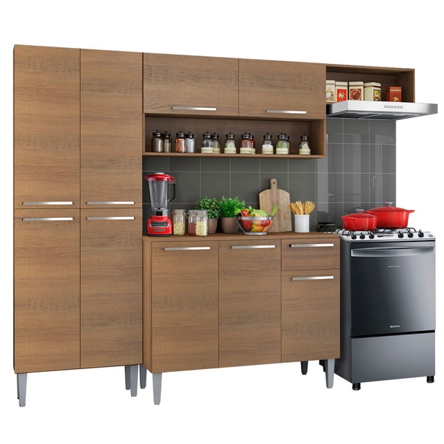 cocina integral modular madesa emilly top 229cm cocina modular estilo americano de 229 cm en tono marrón con acabado en pintura poliéster; vista frontal 3/4 con despensa de 65 cm, alacena de 164 cm con dos puertas y nichos abiertos, y mostrador de 105 cm con tres puertas, un cajón y encimera; incluye pies regulables de PVC y correderas metálicas según especificación, adecuada para espacios compactos.