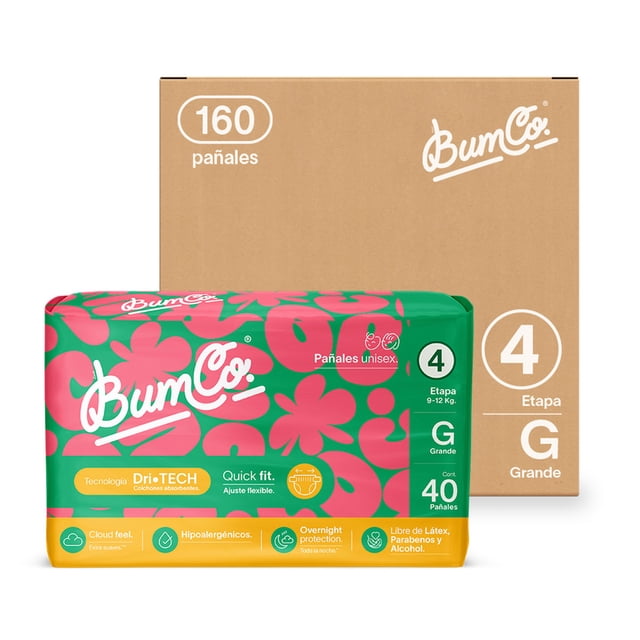 bum co.| pañal desechable para bebé, etapa 4, grande (9 a 12 kg), unisex, caja con 160 pz | paquete rosa y verde con logo Bum Co., leyenda 'G 40 pañales' y pictogramas visibles de Dri-TECH, Cloud Feel, Overnight Protection e hipoalergénicos; caja de cartón marrón detrás con '160 pañales'.