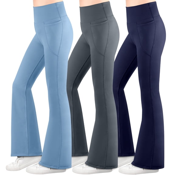 BIG ELEPHANT 3 Packs de Leggings Acampanados para Niña con Bolsillos Laterales, Pantalones Acampanados de Cintura Alta para Baile