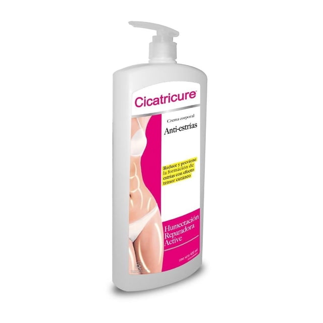 crema corporal cicatricure anti estrías 400 g botella con dispensador blanco y etiqueta rosa que muestra torso de mujer en ropa interior; envase para uso diario, humectación intensiva y efecto antiestrías según etiqueta; ideal para cuidado de maternidad en casa.