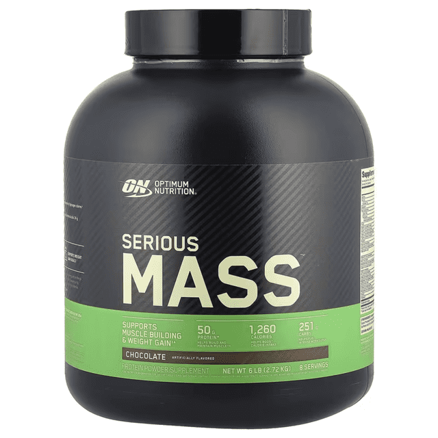 on serious mass 6 lbs chocolate suplemento para aumento muscular en envase negro, vista frontal centrada con etiqueta negra y franja verde que muestra el logo Optimum Nutrition, texto grande "SERIOUS MASS", indicación 6 lb (2.72 kg) y sabor chocolate; etiqueta también señala 50 g de proteína y 1,260 calorías por porción.