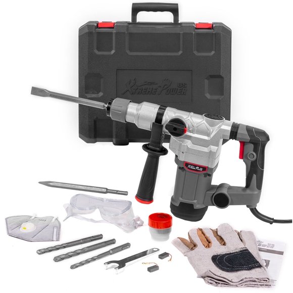 XtremepowerUS Taladro Martillo Rotatorio SDS Plus de 1-1/2", 1200W 15J Martillo Eléctrico de Demolición de Servicio Pesado, 4 Funciones, 4500 BPM con Cinceles, Drill Bits y Estuche