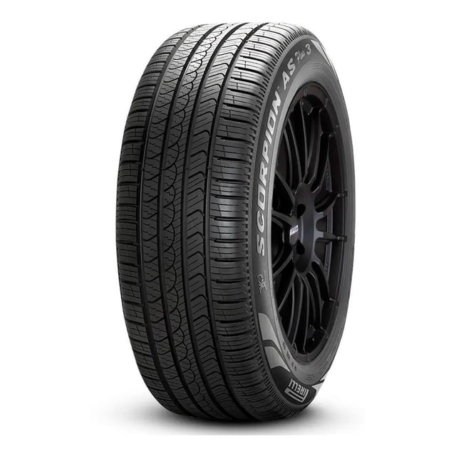 llanta 265/50 r20 pirelli scorpion as+ 3 111v xl pirelli scorpion as+ 3 vista 3/4 frontal de llanta montada en rin negro, dibujo con canales longitudinales y bloques asimétricos, flanco con texto 'SCORPION AS+ 3' y logotipo Pirelli sobre fondo blanco; neumático all-season a menudo usado en SUV y camionetas medianas.