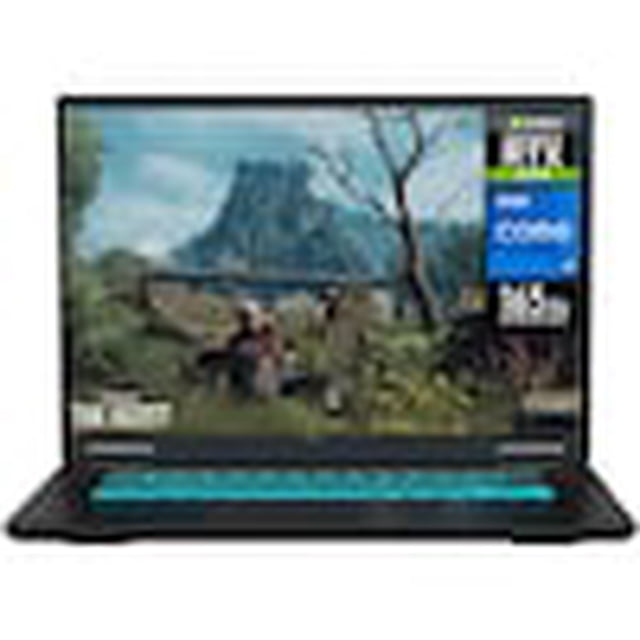 laptop gamer gigabyte gaming a16 geforce rtx 5050 core i7 13620h 16gb ddr5 ssd 512gb 16" teclado español gaming avanzado Vista frontal centrada de la laptop negra GIGABYTE A16 con pantalla de 16" mostrando escena de videojuego, teclado español retroiluminado cyan, bisagra y carcasa oscura; especificada con pantalla 165 Hz y gráficos RTX 5050, y a menudo utilizada como estación portátil para estudio o trabajo.