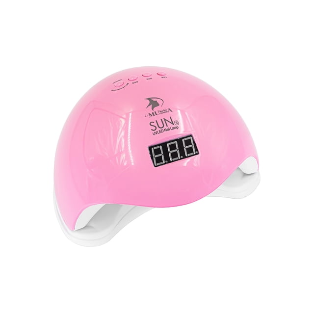 lámpara de uñas led uv profesional mussa 48w lámpara curva rosa con pantalla digital y tres botones en la parte superior, cavidad semicircular para introducir la mano y logotipo Mussa visible; diseñada para secado rápido de esmalte gel y semipermanente, también suele usarse para curar tips y pedicuras pequeñas.