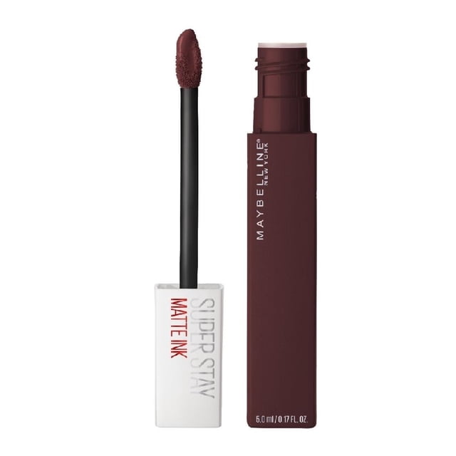 labial líquido maybelline super stay matte ink 112 composer 5 ml Tubo vertical delgado en tono vino Composer con logotipo Maybelline, tapa blanca retirada y aplicador esponjoso alargado cubierto de pigmento, formato compacto 5 ml; suele usarse también para retoques precisos de delineado labial.