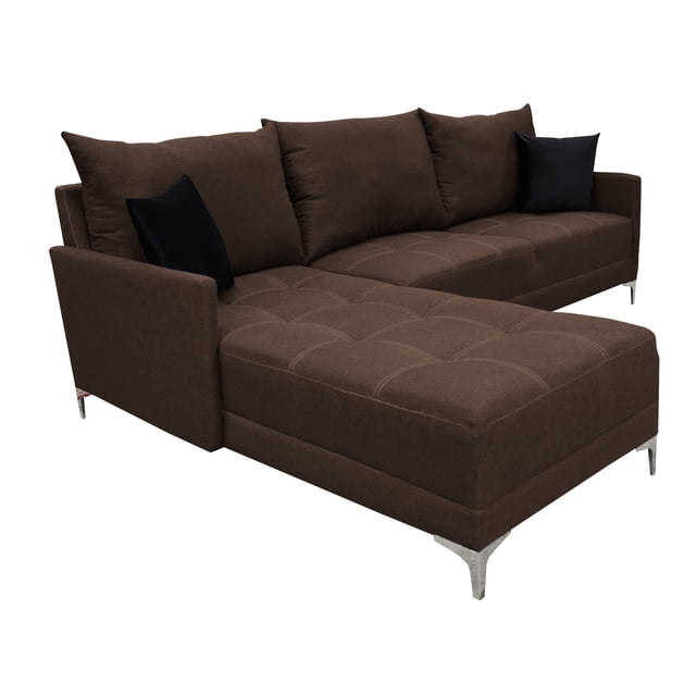 sala esquinera caslon el bazar store chocolate 260x180 cm lino nacional modular, vista 3/4 frontal de chaise lounge en lino chocolate con abotonado y doble costura; estructura 100% madera de pino, cojines con delcron grena y hule espuma de alta densidad, patas vienen por separado para ensamblar; medidas 260 cm x 180 cm x 75 cm, profundidad 90 cm. A menudo se usa como área de descanso o lectura en salas compactas.