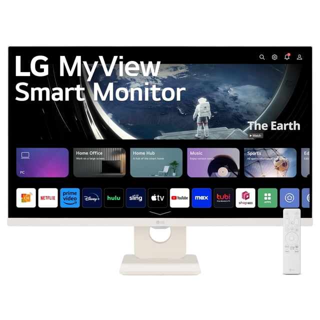 lg 27sr50f-w myview smart monitor pantalla ips fhd (1920x1080) de 27 pulgadas, webos 23, hdr 10, 2 parlantes incorporados, airplay 2, screen share, bluetooth, aplicación thinq, control remoto, blanco — Vista frontal centrada de monitor LG blanco de 27" con pantalla FHD IPS que muestra la interfaz webOS23 y filas de apps de streaming; bisel delgado, peana con base rectangular y soporte circular y control remoto blanco a la derecha; suitable para streaming y conectividad HDMI y USB.