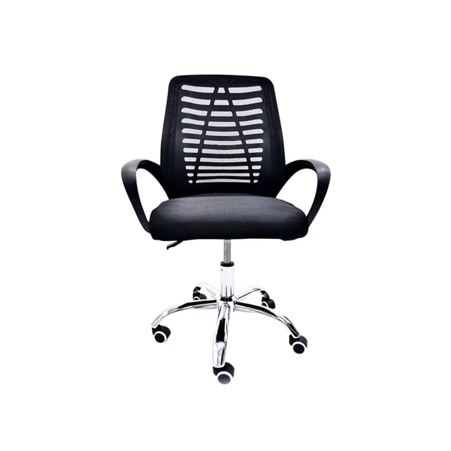 silla de oficina giratoria olu ergonómica de malla altura ajustable silla escritorio olu olumesh/ejecutiva mesh/ergonomica Negra OLU, vista frontal centrada con respaldo de malla y patrón de ranuras, asiento 44 x 44 cm, apoyabrazos fijos, base metálica cromada con ruedas y pistón de altura 89–96 cm, capacidad 110 kg; adecuada para home office y jornadas largas.