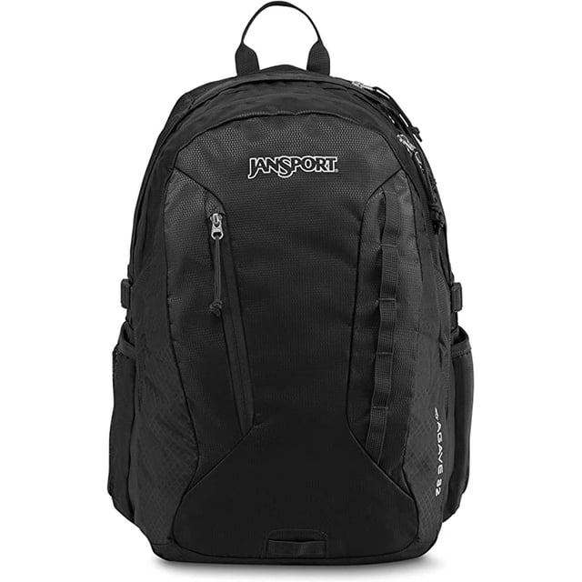 mochila jansport agave js00t14f008 negro jansport agave, vista frontal centrada de mochila negra con logo Jansport, compartimento principal con doble cremallera y funda acolchada para laptop de 15" o sistema de hidratación, bolsillo frontal con organizador, bolsillo para tableta con forro suave, correas acolchadas y bolsillo lateral de malla; ideal también para organizar accesorios en viajes cortos.