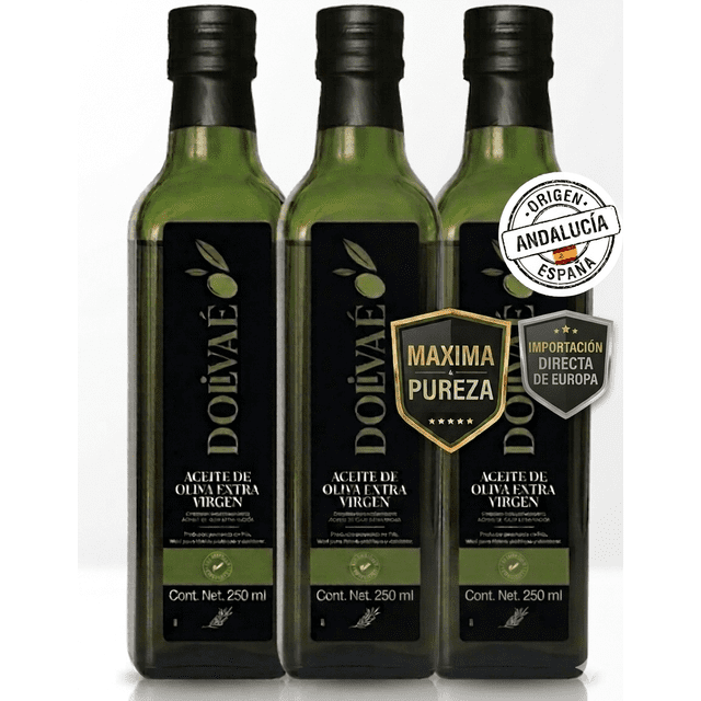 aceite virgen extra dolivaé | 3 botellas de 250ml c/u | selección gourmet premium | españa | prensado en frío Pack de tres botellas verdes de 250 ml con etiqueta negra DOLIVAÉ en vista frontal; etiquetas indican 'Aceite de Oliva Extra Virgen' y muestran sellos 'Máxima Pureza' y 'Origen Andalucía España'; tapas negras; indicado para uso en crudo y como acabado gourmet en ensaladas, pastas o carpaccios.