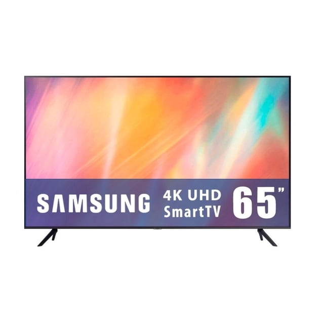 pantalla de 65 qled samsung qn65q90tafxzx televisor 65" negro, vista frontal centrada con marco delgado y peanas en V; pantalla muestra gráfico colorido y franja inferior con logo Samsung y texto '4K UHD SmartTV'. Especificado UHD 4K, HDR y Crystal Display; fondo de estudio blanco.