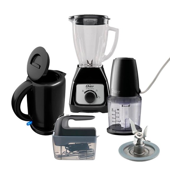 Combo Oster 5 Elementos con Licuadora, Hervidor, Batidora de Mano, Procesador de Alimentos, y Cuchilla Picahielo