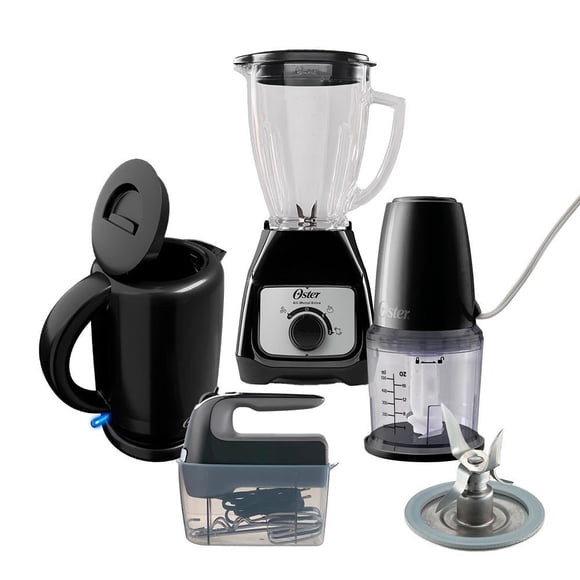 Combo Oster 5 Elementos con Licuadora, Hervidor, Batidora de Mano, Procesador de Alimentos, y Cuchilla Picahielo