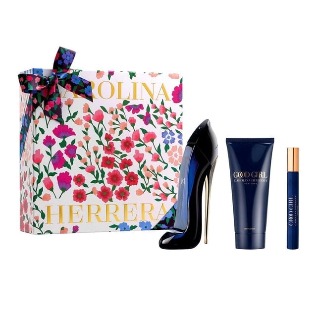 set good girl 3 pzs dama edp 80 ml estuche floral con fragancia en frasco zapato azul oscuro transparente 80 ml, loción corporal tubo azul marino 100 ml y miniatura roll-on 10 ml; notas olfativas destacadas: almendra, café, bergamota, limón, jazmín, rosa de Bulgaria, vainilla, praliné, sándalo y pachulí; a menudo se usa como estuche para regalo.