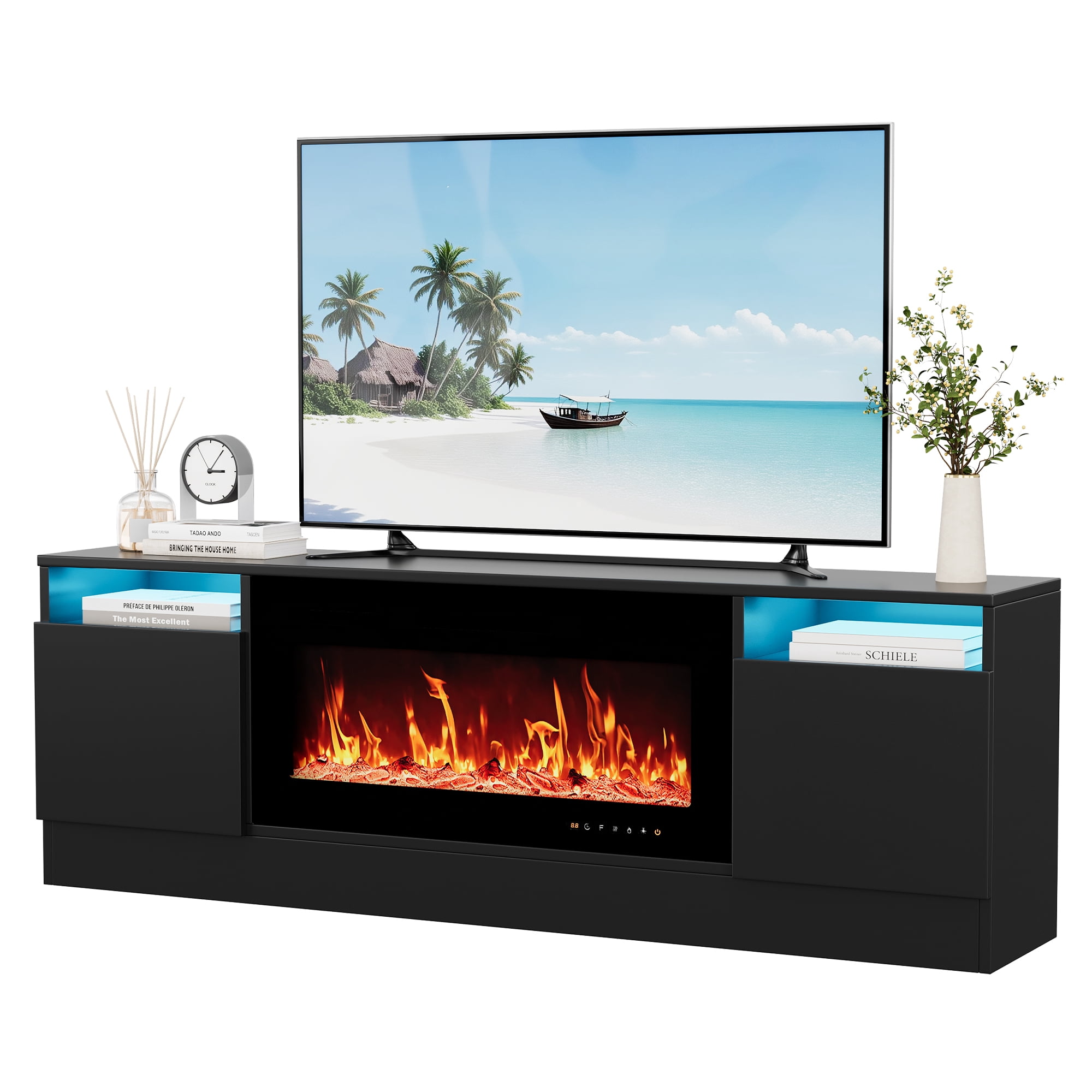 Centro de entretenimiento moderno para TV hasta 75" – Mueble de madera con luces LED, gabinete cerrado y estantes abiertos, compatible con chimenea eléctrica de 36"