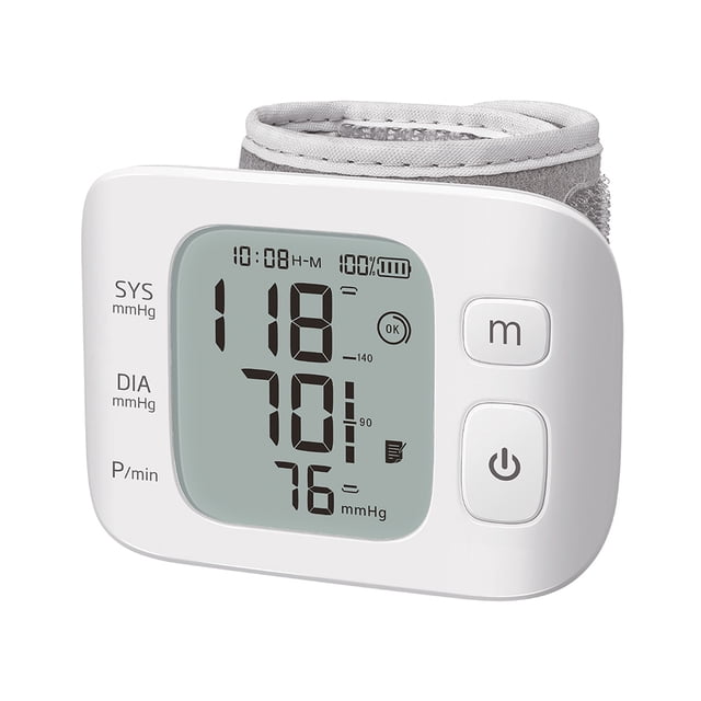 baumanómetro digital de muñeca ye8300b, unidad blanca Vital Care vista frontal con pantalla LCD que muestra lectura 118/70 mmHg y pulso 76, dos botones (m y encendido) a la derecha y brazalete preformado gris enrollado detrás; para medición automática desde 12 años y memoria hasta 99 registros; también suele utilizarse para llevar un registro portátil de lecturas durante viajes.