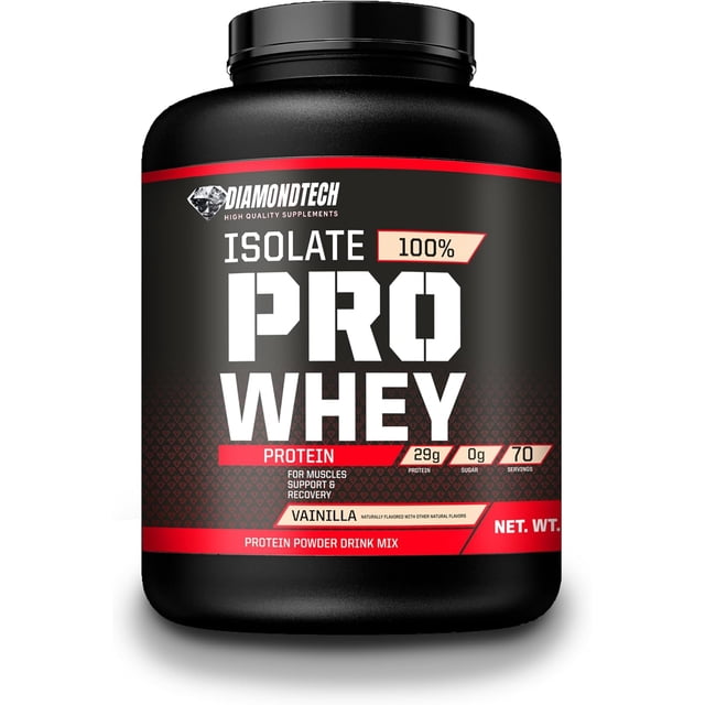 proteína pro whey isolate 5lbs diamondtech vainilla 70 servicios frasco frontal negro y rojo que muestra 'ISOLATE PRO WHEY' y '100%', etiqueta 'Vainilla', datos visibles '29g proteína', '0g azúcar' y '70 servicios'; indica Diamondtech, bajo en carbohidratos y sin azúcar añadida, adecuado para complementar comidas o batidos post-entreno.