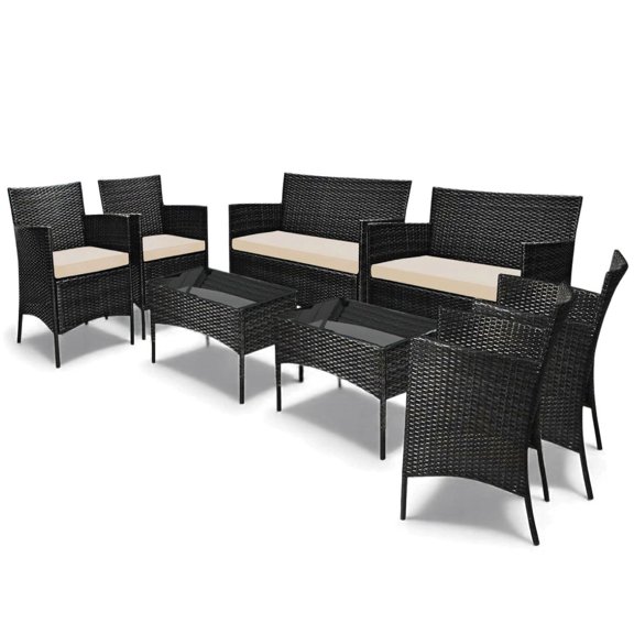 Sala de Jardin Exterior Juego 8 Piezas Tipo Rattan + Cojines negro
