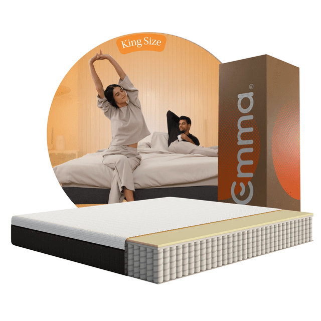 emma colchón comfort premium king size 200x190cm – memory foam & resortes Colchón blanco en vista frontal con corte que muestra 3 capas de espuma y resortes pocket Edge to Edge; funda texturizada desmontable, base negra y caja Emma al lado; soporte ergonómico de 5 zonas, reducción de transferencia de movimiento y buena ventilación; también ideal para recámaras y habitaciones de huéspedes.