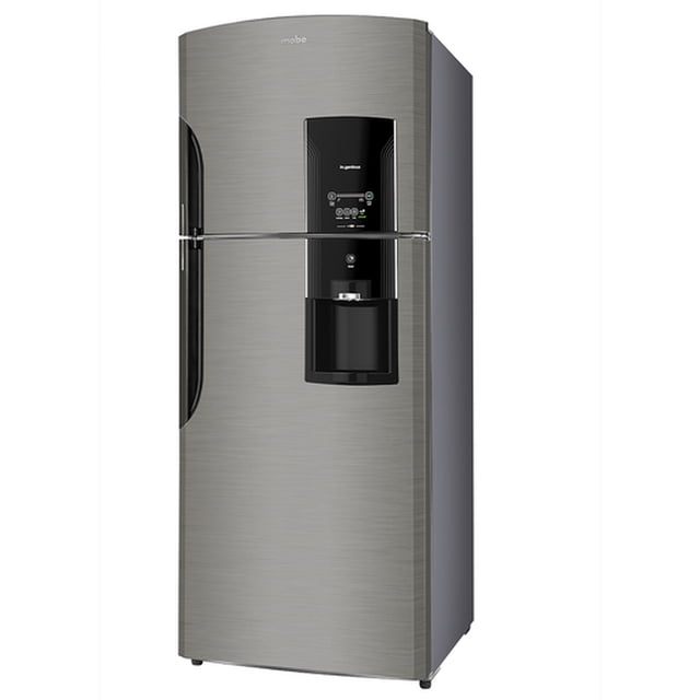 refrigerador automático 19 pies 510 l inox mate mabe - rms510ibmrm0 vista frontal 3/4 de refrigerador de dos puertas en acero inox mate con despachador de agua y panel táctil negro en la puerta; superficie cepillada, tiradores empotrados y patas niveladoras; incluye tecnología Home Energy Saver y sistema Total Fresh Flow; a menudo usado para organizar bebidas y botellas altas en anaqueles amplios.