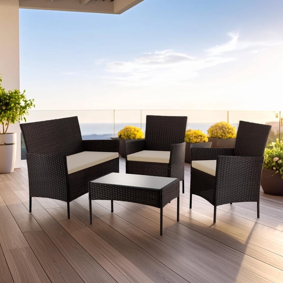 Sala de Jardín KingsHouse Rattan tipo Mimbre con Cojines y Mesa de Vidrio Templado marron 7