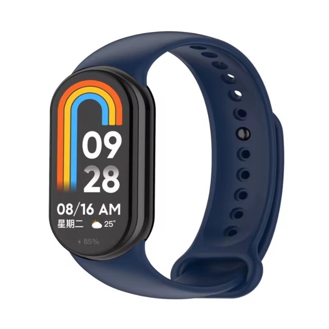 correa de silicona para xiaomi mi band 8, premium, deportiva, resistente al agua azul marino. Vista 3/4 frontal de correa unisex de silicona lisa con ojales perforados y cierre de ajuste múltiple que enclava la cápsula de la Mi Band 8; talla única 23 cm, diseño deportivo para uso diario y actividades.