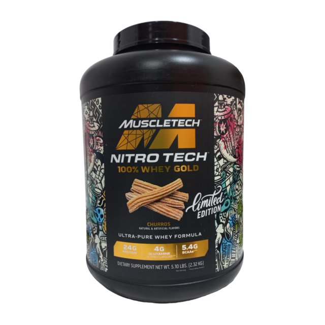 proteína nitro tech whey gold muscletech 5 lb churros, frasco frontal centrado con etiqueta negra y logo MuscleTech; texto Nitro Tech 100% Whey Gold y sello limited edition, ilustración de churros en el centro y paneles laterales con arte colorido; rótulo muestra 24 g proteína, 5.5 g BCAA y 4 g glutamina. Su tamaño compacto de 5 lb la hace adecuada para uso en casa o llevar al gym.