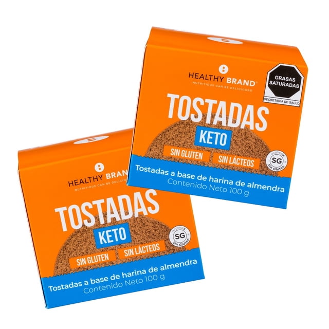 tostadas keto 2 pack (12 pzas x caja) Pack de dos cajas naranja con texto 'TOSTADAS KETO' al frente; cada caja muestra una tostada redonda visible, sellos 'sin gluten' y 'sin lácteos', leyenda 'a base de harina de almendra' y 'Contenido Neto 100 g', marca HEALTHY BRAND; etiquetado low carb y keto, también suele usarse como acompañamiento bajo en carbohidratos.
