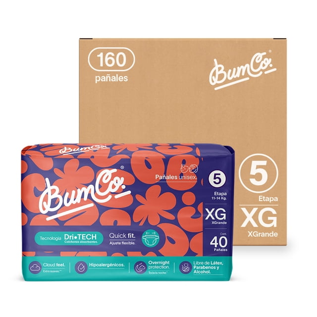 bum co.| pañal desechable para bebé, etapa 5, xg (11 a 14 kg), unisex, caja con 160 pz | Paquete 3/4 frontal de pañales Bum Co. etapa 5 XG y caja kraft detrás; paquete morado con patrón floral coral y banda turquesa que muestra íconos Dri-TECH, Cloud Feel, hipoalergénicos y Overnight Protection; número 5 y logo Bum Co. en blanco visibles, etiqueta "160 pañales" en la caja.