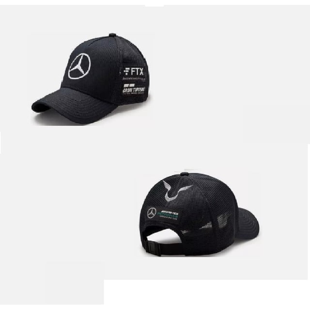 gorra racing hamilton trucker f1 black negro gorra trucker negra con visera curva; frente con logo Mercedes bordado en blanco; lateral derecho con textos bordados 'FTX' y patrocinadores; posterior en malla negra con cierre plástico ajustable y logo estilizado en la parte superior.