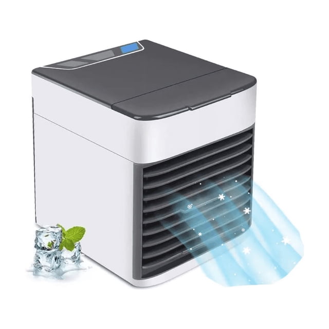 enfriador aire portátil mini acondicionado hogar/oficina BELUG blanco, vista frontal 3/4; cubo compacto de ABS con panel superior gris y pantalla, depósito de agua 375 ml, oscilación 90° y 3 velocidades, filtro extraíble y lavable, fuente USB y luz LED de 7 colores; brisa ilustrada saliendo por la rejilla.