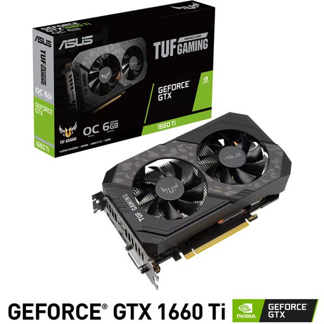 tarjeta de video asus tuf gaming geforce gtx 1660 ti evo oc edition 6gb gddr6 tuf-gtx1660ti-o6g-evo-gaming 3/4 frontal de la tarjeta negra ASUS TUF Gaming con doble ventilador axial, carcasa con patrón gris oscuro, conector PCI Express 3.0 y bracket con salidas DisplayPort/HDMI; especificaciones en etiqueta: NVIDIA GeForce GTX 1660 Ti, 6 GB GDDR6, interfaz 192 bits, resolución máxima 7680 x 4320. A menudo usada en PCs de juego y estaciones de trabajo gráficas.