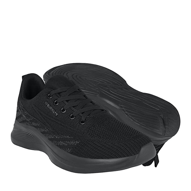 tenis caballero torrente yj017 textil negro par de tenis negros para caballero con corte textil transpirable, suela deportiva perfilada y cordones planos; vista 3/4 frontal que muestra tejido de malla, ojales metalizados y puntera redondeada; ideales para correr, caminar y entrenamiento ligero; también suelen usarse para uso urbano diario.