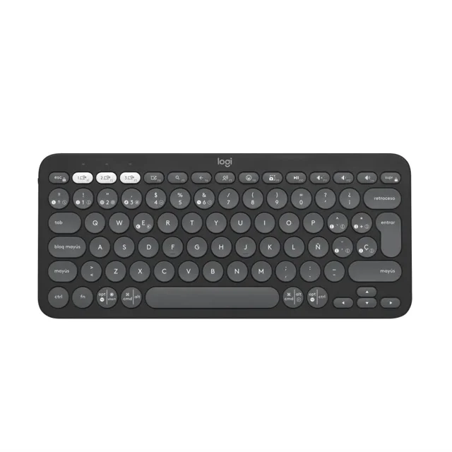 teclado inalámbrico logitech k380s negro, vista frontal plana de teclado compacto y portable estilo Pebble con teclas redondas en grafito, logotipo 'logi' en el borde superior, botones Easy-Switch para alternar hasta 3 dispositivos y teclas Fn para búsqueda, captura de pantalla, emojis y controles multimedia; ideal para teclear en movilidad por su tamaño reducido.